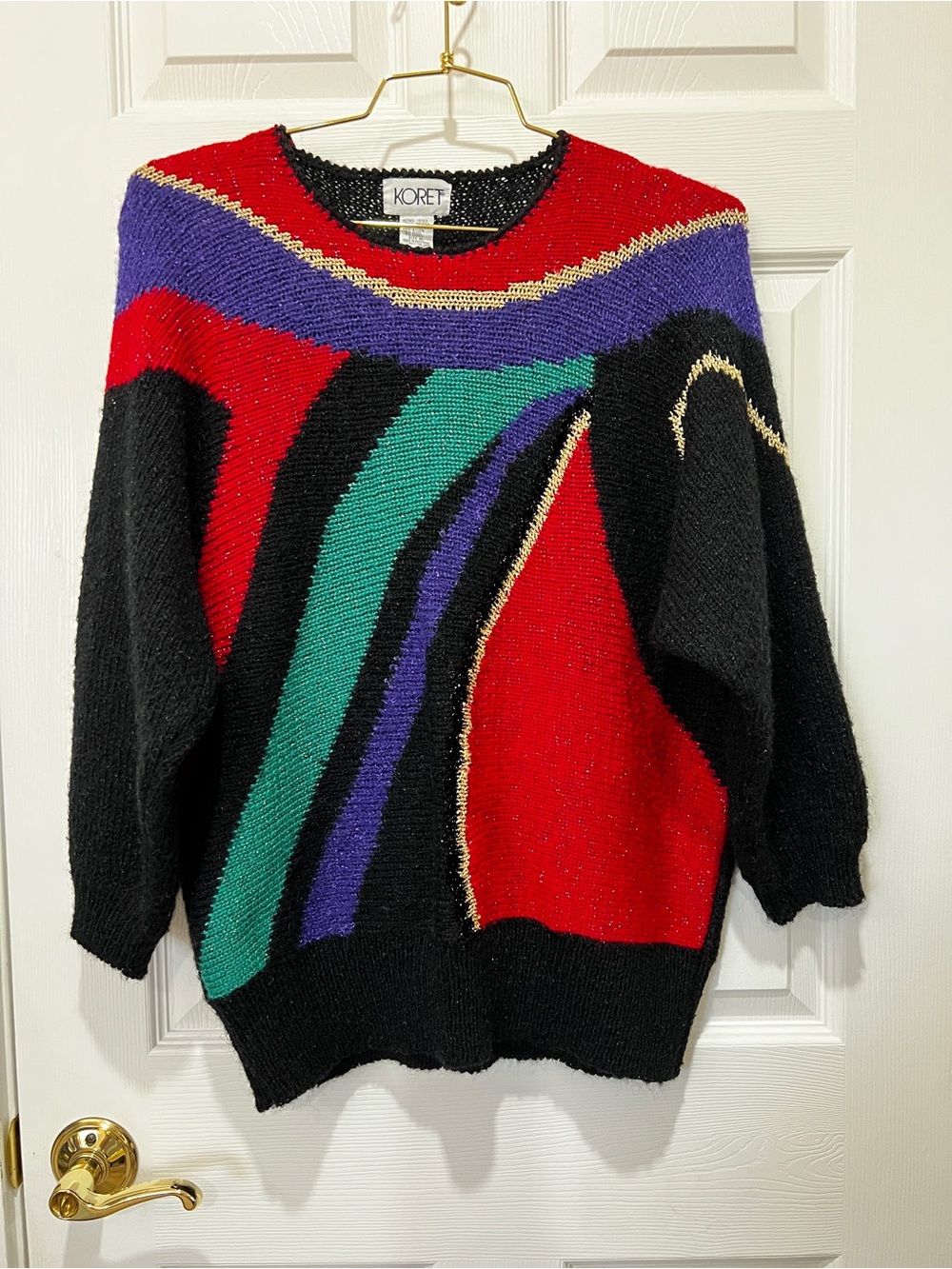 Vintage Koret Multicolor Abstract Knit Sweater Acrylic Blend Size XL Black Red